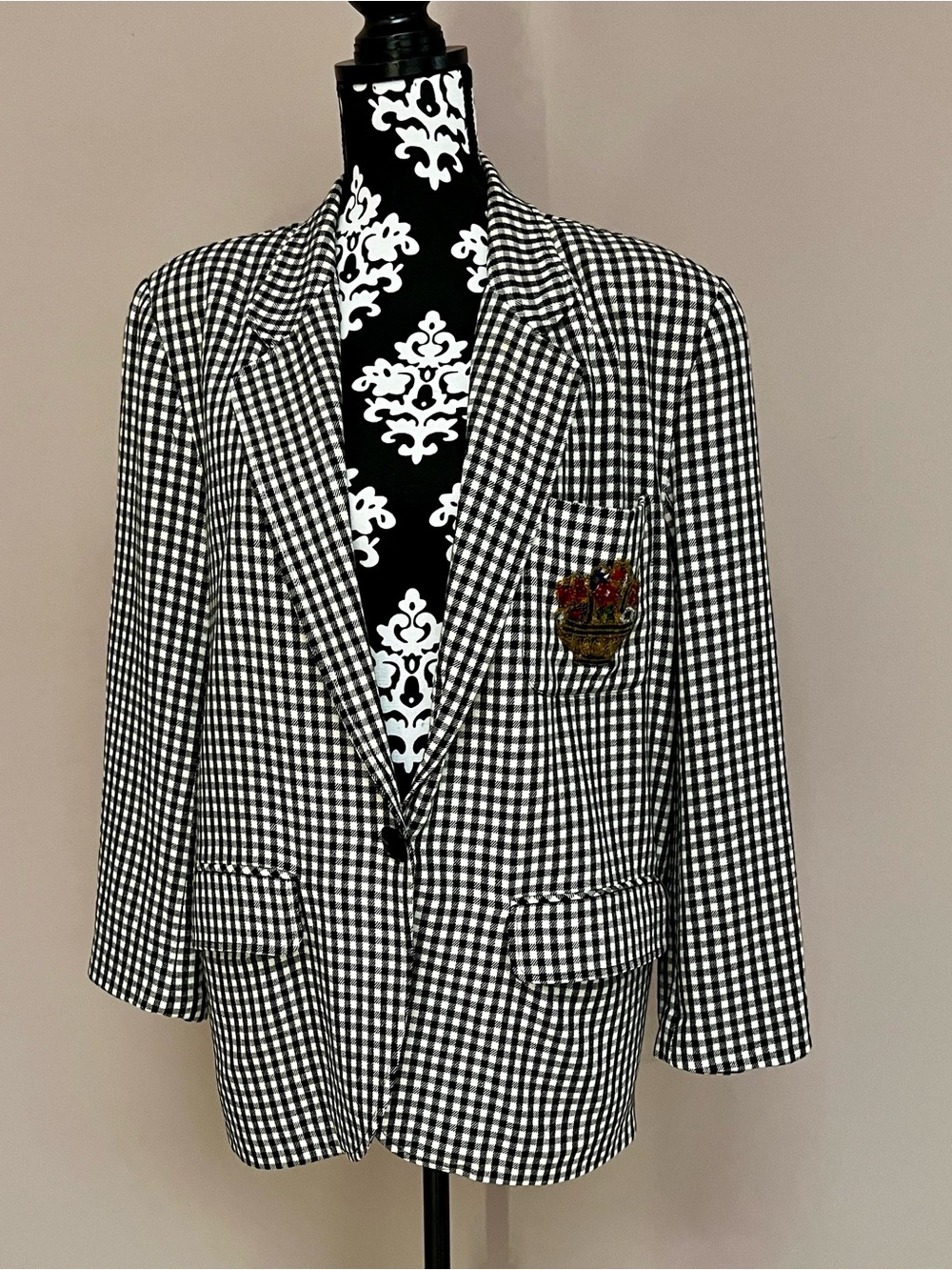 SAKS FIFTH AVENUE Vintage 80s Black White Check Indie Sleeve Blazer